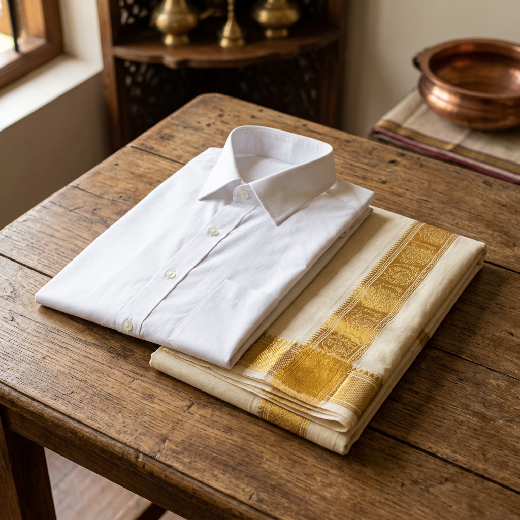 White Shirt & Kasavu Dhoti